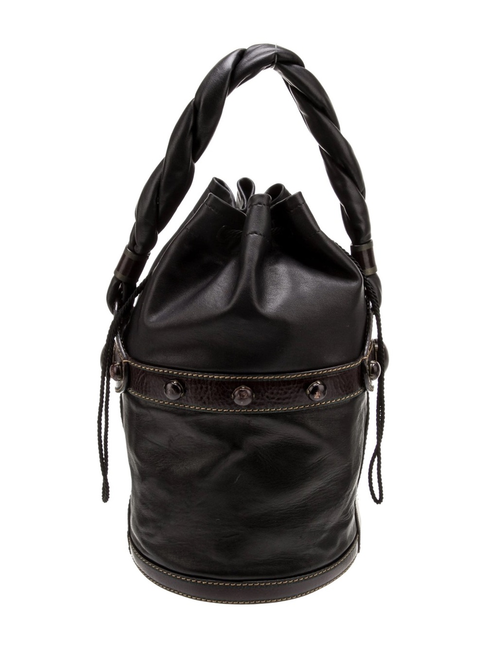 FENDI Calfskin Leather Palazzo Drawstring Bucket Bag Braided Shoulder Strap Navy